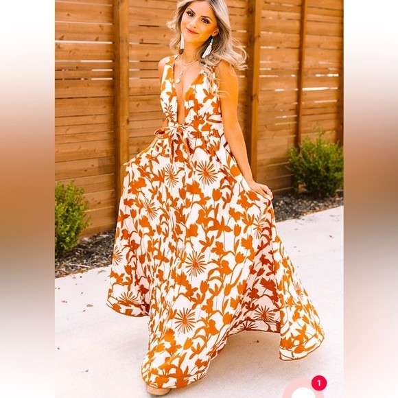 Aakaa Dresses & Skirts - Garden party wedding maxi dress open back tie front, floral rust, S